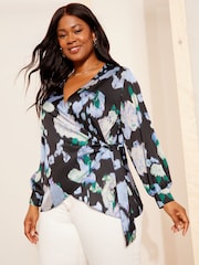 Blusa cruzada de manga larga de satén de Curves Like These - Imagen 1 de 5