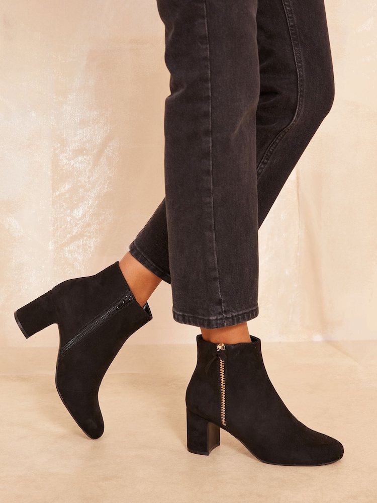 Friends Like These Black Zip Detail Mid Heel Faux Suede Ankle Boots - Image 1 of 4