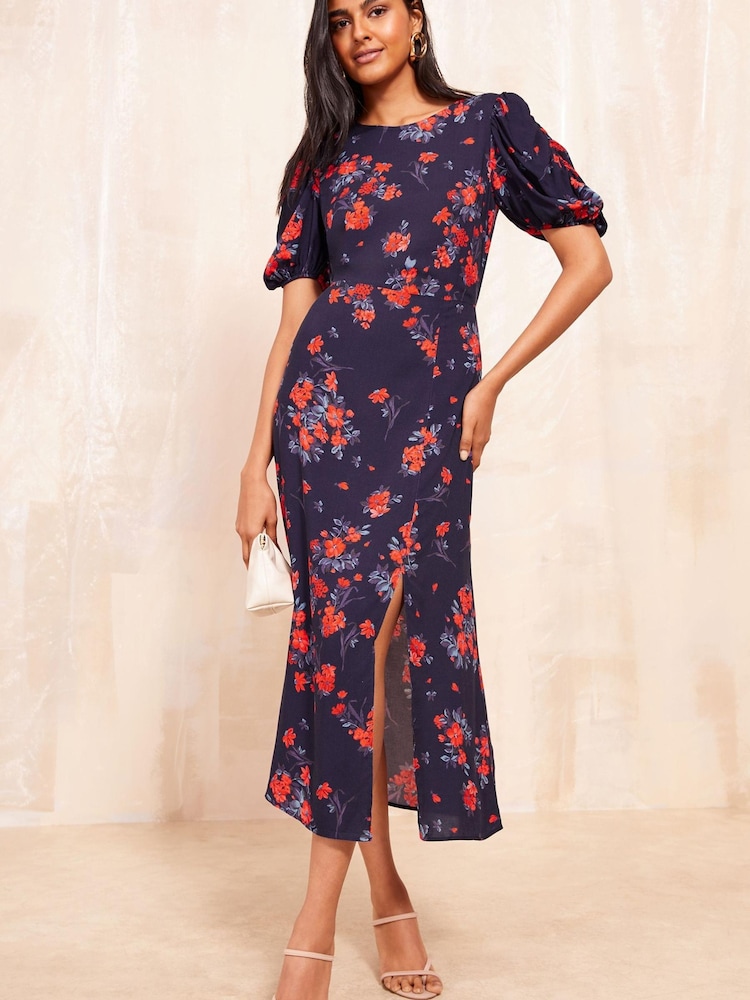 Friends Like These Blue Ruched Short Sleeve Midi Dress - Image 1 of 4