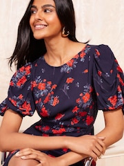 Friends Like These Blue Ruched Short Sleeve Midi Dress - Image 2 of 4