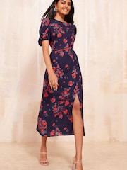 Friends Like These Blue Ruched Short Sleeve Midi Dress - Image 3 of 4