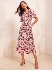 Friends Like These Red ITY Keyhole Flutter Short Sleeve Printed Midi Dress - Image 1 of 4