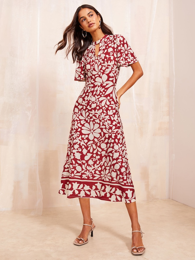 Friends Like These Red ITY Keyhole Flutter Short Sleeve Printed Midi Dress - Image 1 of 4