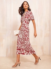 Friends Like These Red ITY Keyhole Flutter Short Sleeve Printed Midi Dress - Image 4 of 4