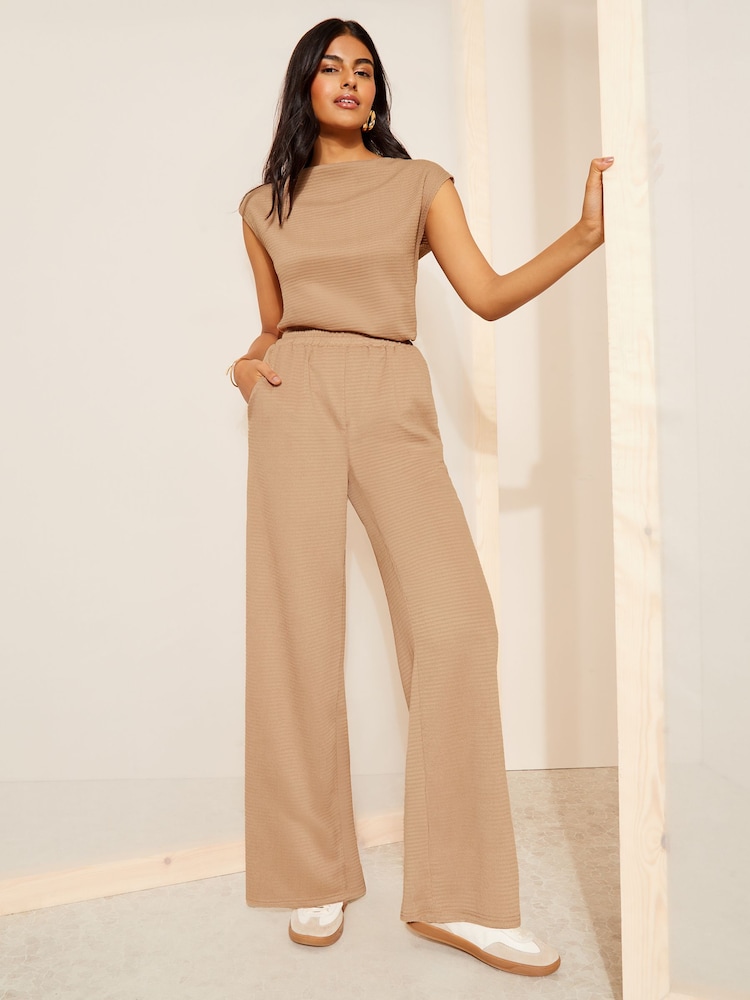 Friends Like These Brown Textured Wide Leg Trousers With Elasticated Waist - Image 3 of 4