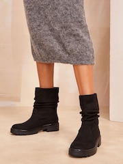 Friends Like These Black Flat Chunky Sole Ruched Ankle Faux Suede Boots - Image 1 of 5