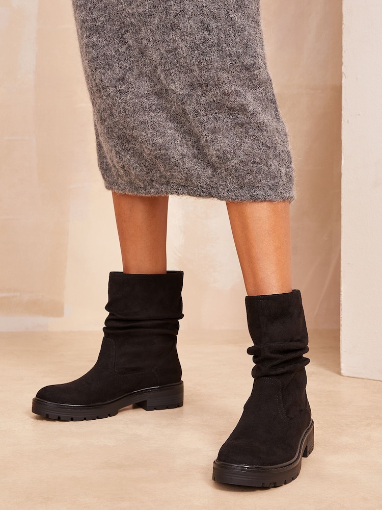Friends Like These Black Flat Chunky Sole Ruched Ankle Faux Suede Boots - Image 1 of 5