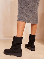 Friends Like These Black Flat Chunky Sole Ruched Ankle Faux Suede Boots - Image 5 of 5