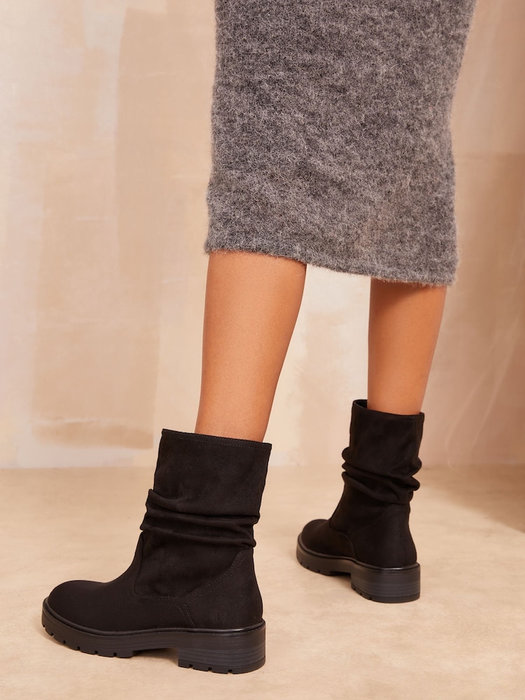 Friends Like These Black Flat Chunky Sole Ruched Ankle Faux Suede Boots - Image 5 of 5