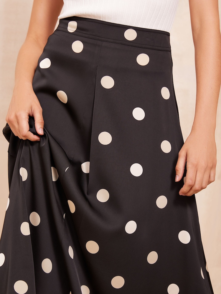 Friends Like These Black Satin Polka Dot Print Maxi Skirt - Image 4 of 4