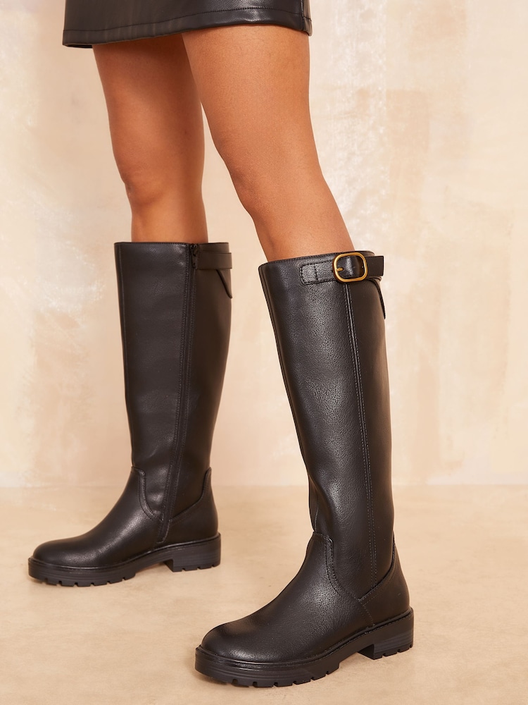 Friends Like These Black Buckle Strap High Leg Faux Leather Boots - Image 1 of 4