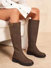 Friends Like These Brown Buckle Strap High Leg Faux Leather Boots - Image 1 of 4