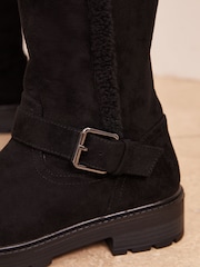 Friends Like These Black Standard fit Buckle Detail Faux Fur Lining High Leg Boots - Image 2 of 4