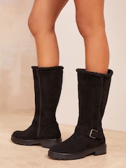 Friends Like These Black Standard fit Buckle Detail Faux Fur Lining High Leg Boots - Image 4 of 4
