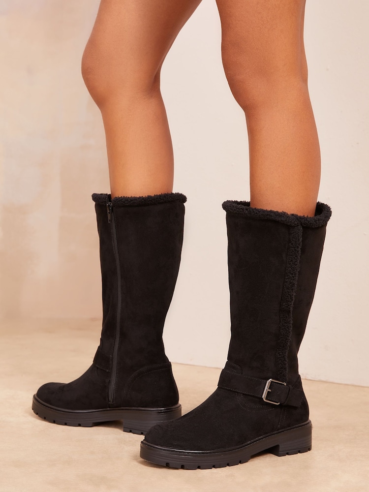 Friends Like These Black Standard fit Buckle Detail Faux Fur Lining High Leg Boots - Image 4 of 4