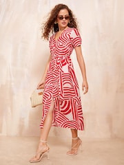 Friends Like These Red Short Sleeve Midi Belted Shirt Dress - Image 1 of 4