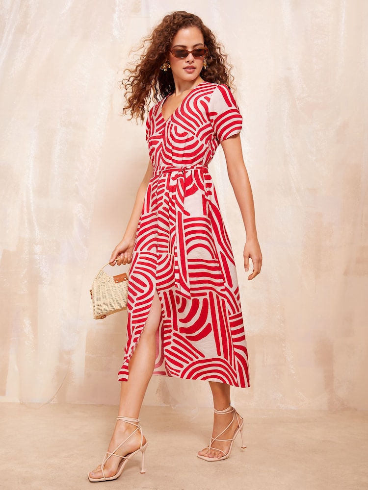 Friends Like These Red Short Sleeve Midi Belted Shirt Dress - Image 1 of 4