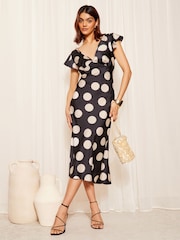 Friends Like These Black Satin Ruffle Sleeve Bias Cut Midi Dress - Image 1 of 4
