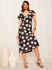 Friends Like These Black Satin Ruffle Sleeve Bias Cut Midi Dress - Image 3 of 4