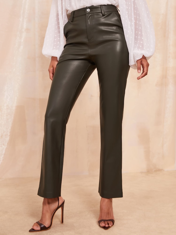 Friends Like These Khaki Green Faux Leather Straight Leg Trousers - Image 1 of 5