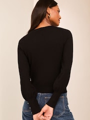 Lipsy Black Ladder Trim Knitted Crew Neck Cardigan - Image 3 of 4