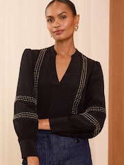 Love & Roses Black V-Neck Hardware Detail Blouse - Image 1 of 4