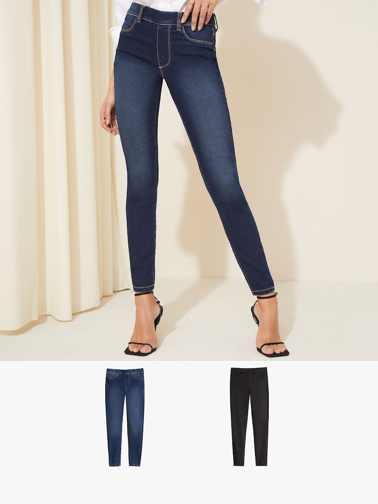 Friends Like These Black/Dark Blue Elasticated Waist 100% Cotton Jeggings 2 Pack - Image 1 of 7