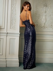 Lipsy Navy 1 Short Sleeve Cowl Neck Sequin Maxi Dress - Image 6 of 9