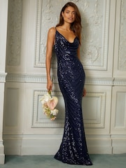 Lipsy Navy 1 Short Sleeve Cowl Neck Sequin Maxi Dress - Image 8 of 9