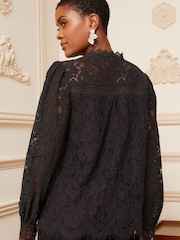 Love & Roses Black Lace Mix Button Through Long Sleeve Blouse - Image 4 of 5