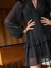 Friends Like These Black Long Sleeve Dobby Chiffon Mini Dress With Tie Neck - Image 2 of 8