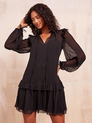 Friends Like These Black Long Sleeve Dobby Chiffon Mini Dress With Tie Neck - Image 6 of 8