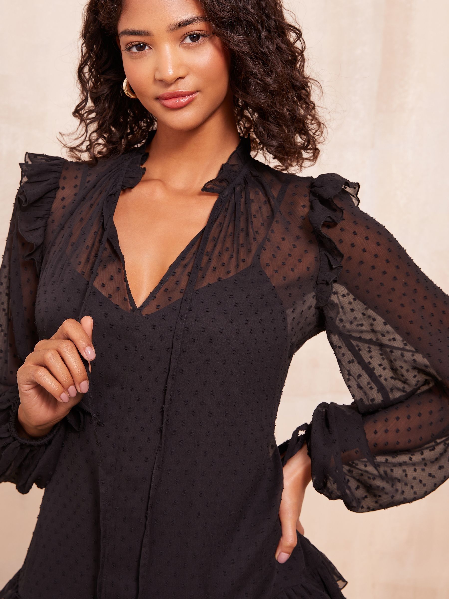 Buy Friends Like These Black Long Sleeve Dobby Chiffon Mini Dress With Tie  Neck from Next USA