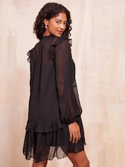 Friends Like These Black Long Sleeve Dobby Chiffon Mini Dress With Tie Neck - Image 8 of 8