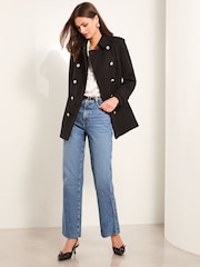 Lipsy Black Short Belted Military Coat With Wool - Image 3 of 4