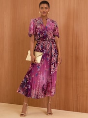 Love & Roses Pink Petite V-Neck Pleated Midi Dress - Image 1 of 4