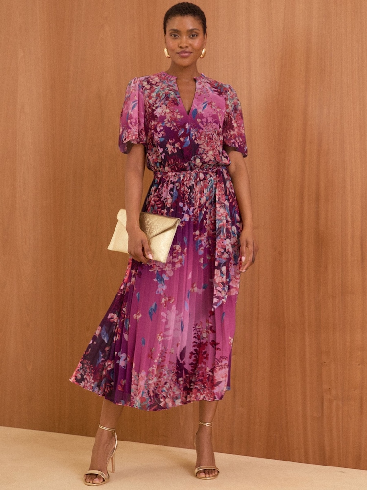 Love & Roses Pink Petite V-Neck Pleated Midi Dress - Image 1 of 4