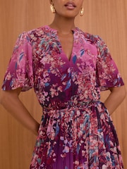 Love & Roses Pink Petite V-Neck Pleated Midi Dress - Image 2 of 4