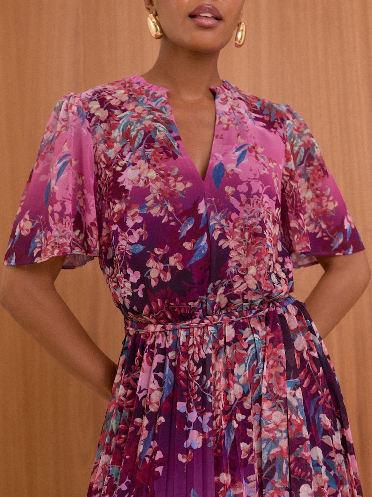 Love & Roses Pink Petite V-Neck Pleated Midi Dress - Image 2 of 4