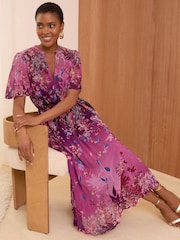 Love & Roses Pink Petite V-Neck Pleated Midi Dress - Image 3 of 4