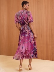 Love & Roses Pink Petite V-Neck Pleated Midi Dress - Image 4 of 4