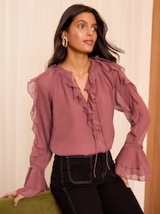 Love & Roses Pink Ruffle Detail V-Neck Blouse - Image 1 of 4