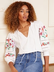 Love & Roses White V-Neck Embroidered Sleeve Jersey Top - Image 1 of 4