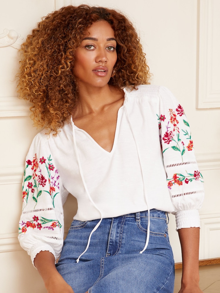 Love & Roses White V-Neck Embroidered Sleeve Jersey Top - Image 1 of 4