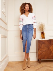 Love & Roses White V-Neck Embroidered Sleeve Jersey Top - Image 2 of 4
