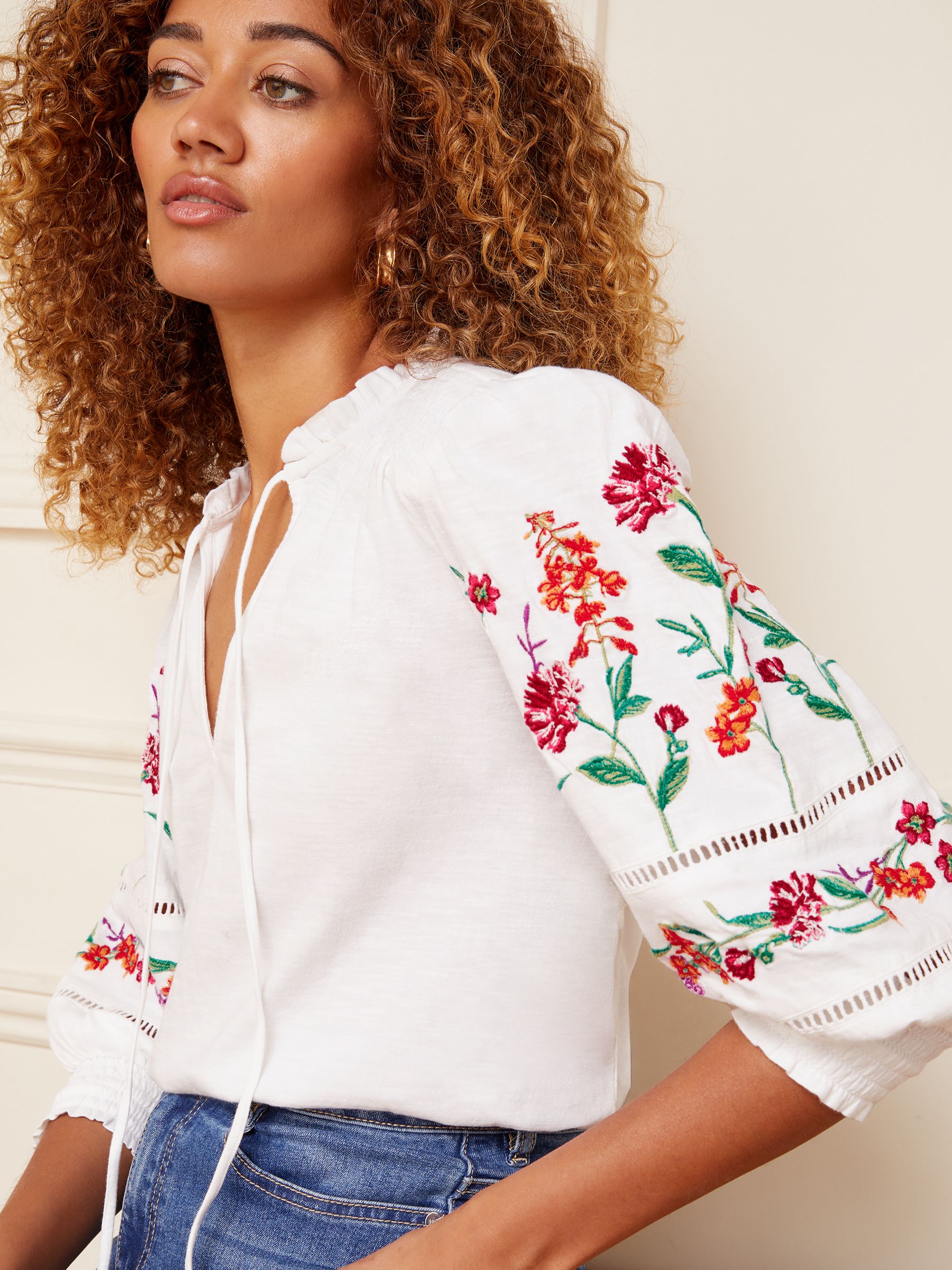 Buy Love & Roses White V-Neck Embroidered Sleeve Jersey Top