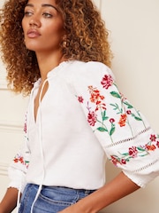 Love & Roses White V-Neck Embroidered Sleeve Jersey Top - Image 3 of 4