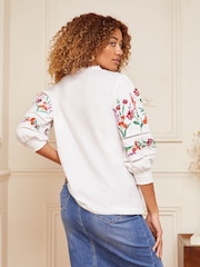 Love & Roses White V-Neck Embroidered Sleeve Jersey Top - Image 4 of 4