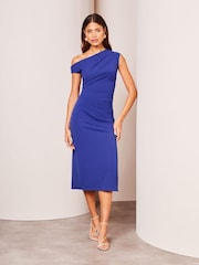 Lipsy Blue Petite Drape One Shoulder Ruched Midi Dress - Image 2 of 4