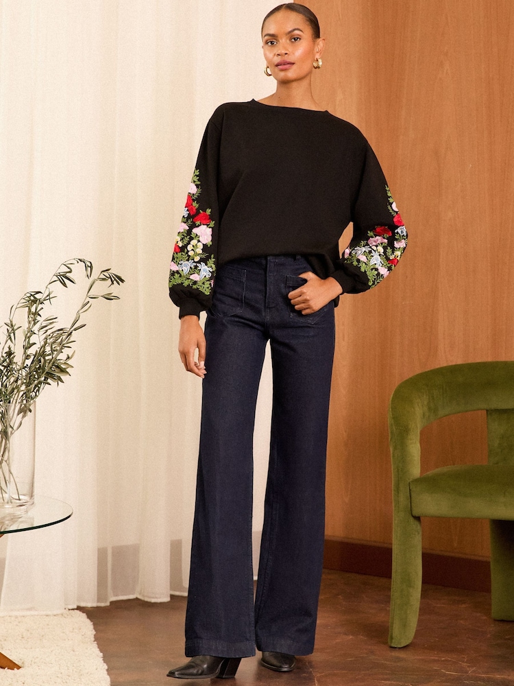Love & Roses Black Floral Embroidered Jersey Sweatshirt - Image 3 of 4